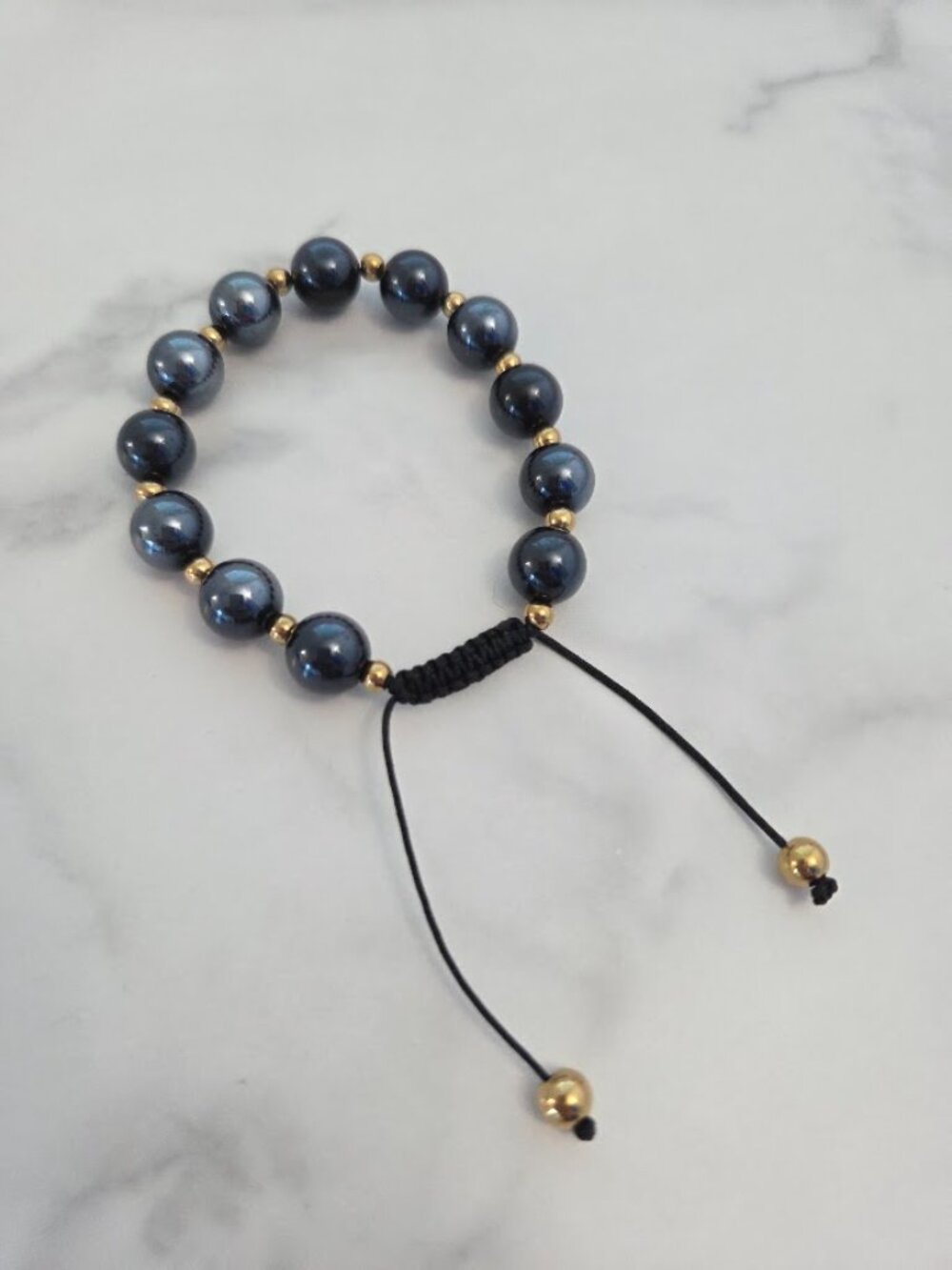 Unisex Dark Metallic Gray Bead Adjustable Macrame Bracelet Gold Accents - Picture 8 of 11
